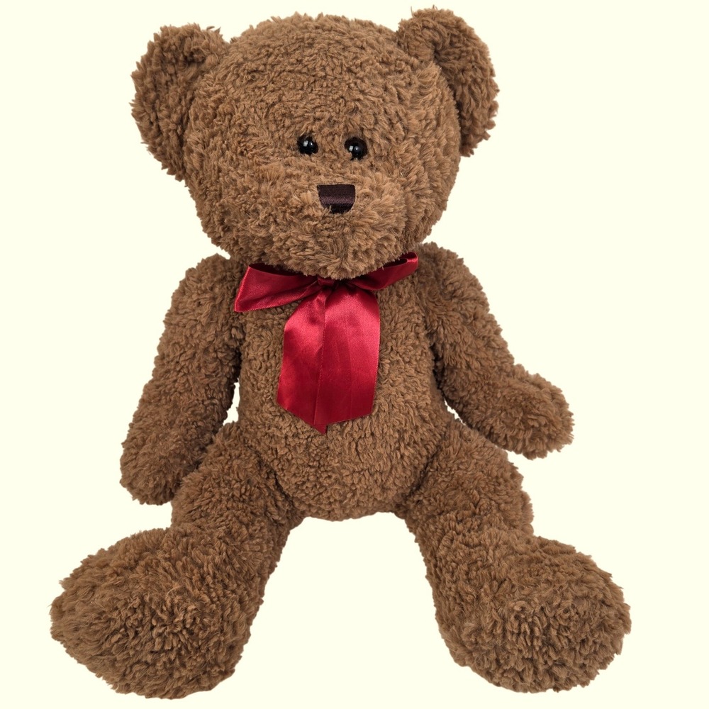 Walgreens Brown Curly Plush Teddy Bear Red Satin Bow Stuffed Animal 18.5"